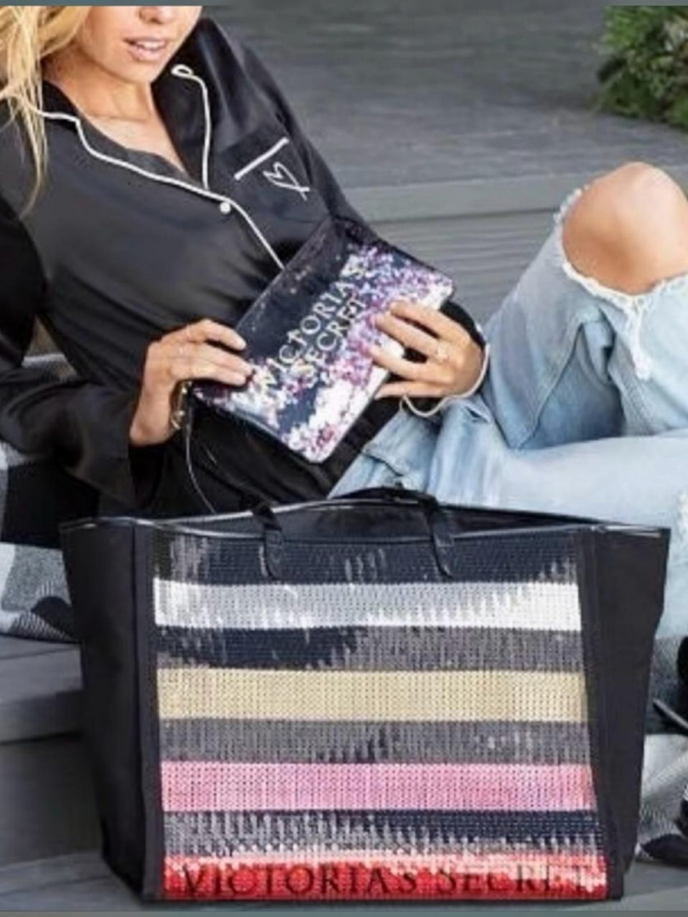 Victoria's Secret Black Sequin Stripe Tote Bag NEW